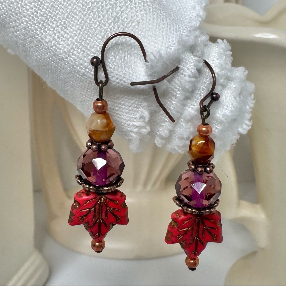 Hand Crafted Passion Leaves Dangle Earrings Crimson & Copper 2” Czech Glass NWT - Picture 2 of 13